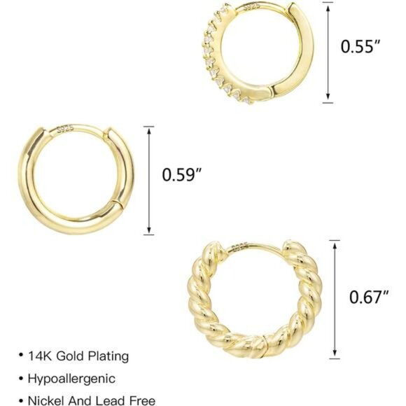 Gold huggie hoop earrings set small lightweight cubic zirconia twist hoops - Picture 2 of 7